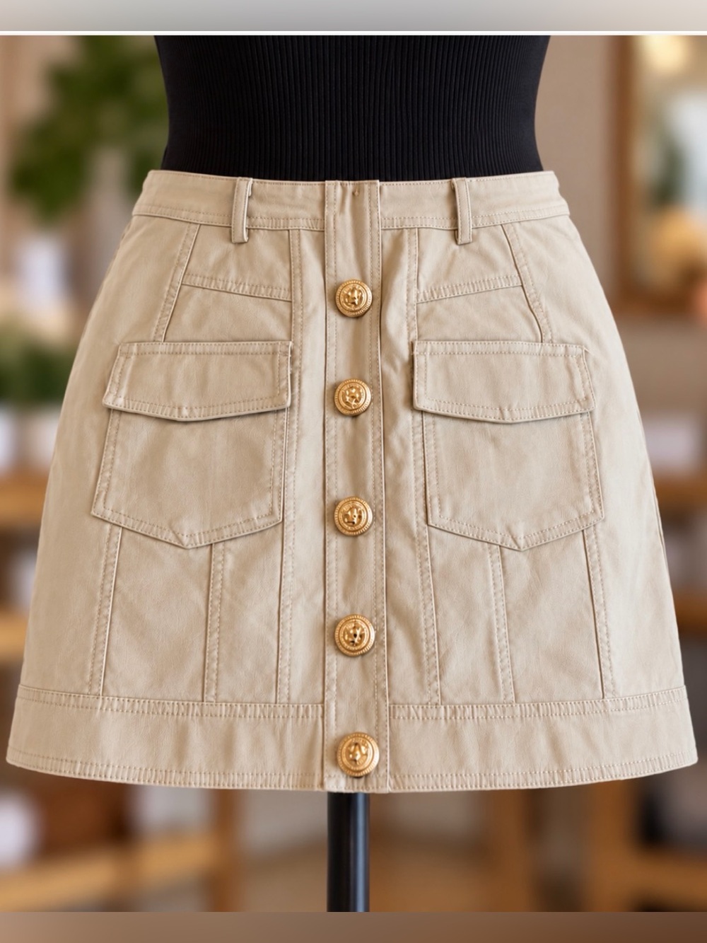 Ivory & Chain Faux Leather Cargo Mini Skirt Ivory with Gold Buttons Size 12